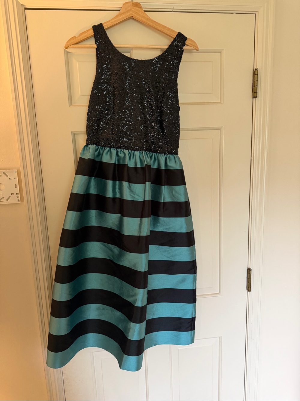 leifsdottir Black Sequin Bodice with Teal and Black Striped Midi Skirt